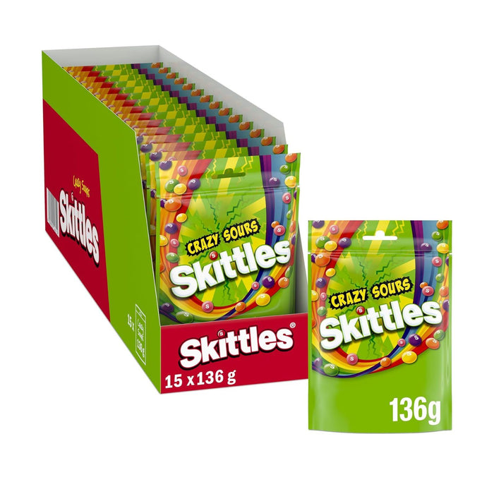 Skittles Crazy Sours Sweets Pouch Bag 136g (Box of 15)
