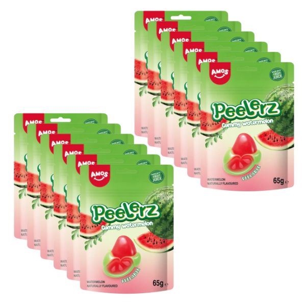 AMOS Peelerz Peelable Watermelon Gummy Candy, Soft Chewy Snack (12 x 65g)