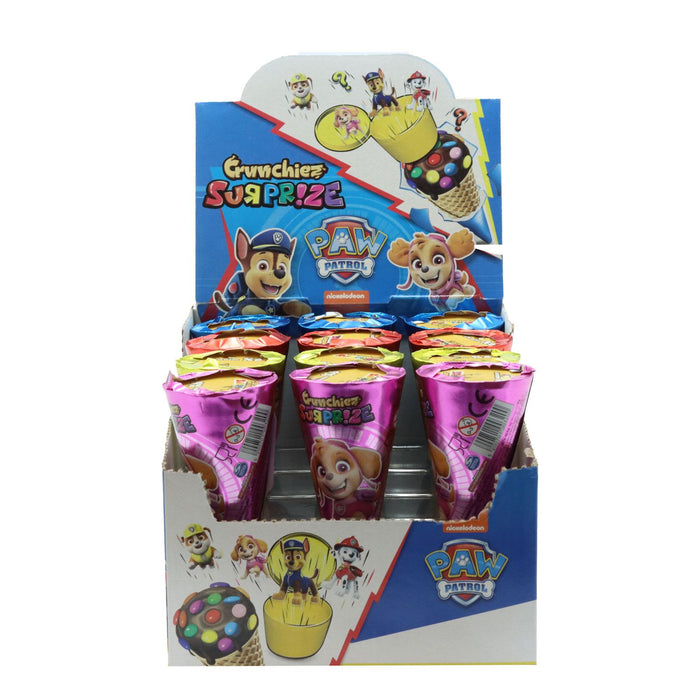 Crunchiez Surprise Paw Patrol Ice Cream Cone with Hazelnut Chocolate Filling and a Surprise, Tray 25g (Box of 12)