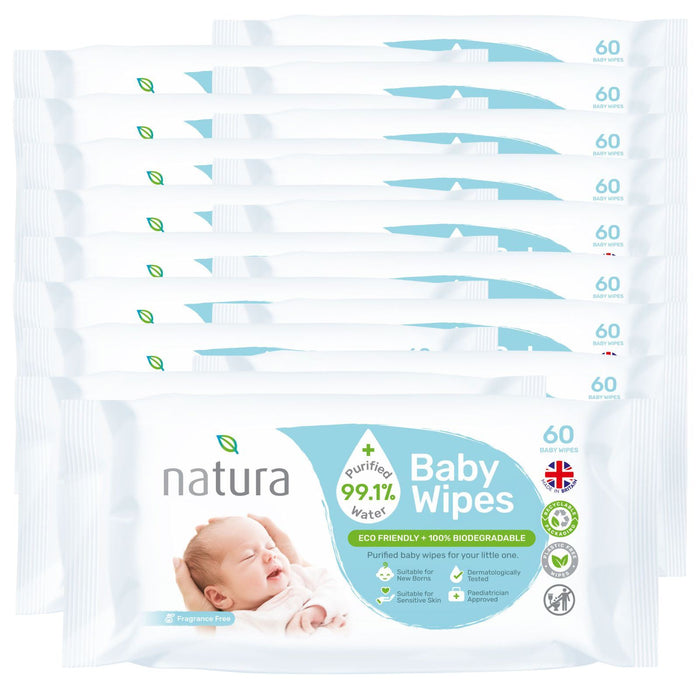 16x Natura Purified 99% Water Baby Wipes, Pack of 60