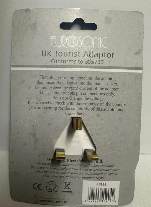 Eurosonic UK Tourist Travel Adaptor For Visitors To UK Plug Socket ES988
