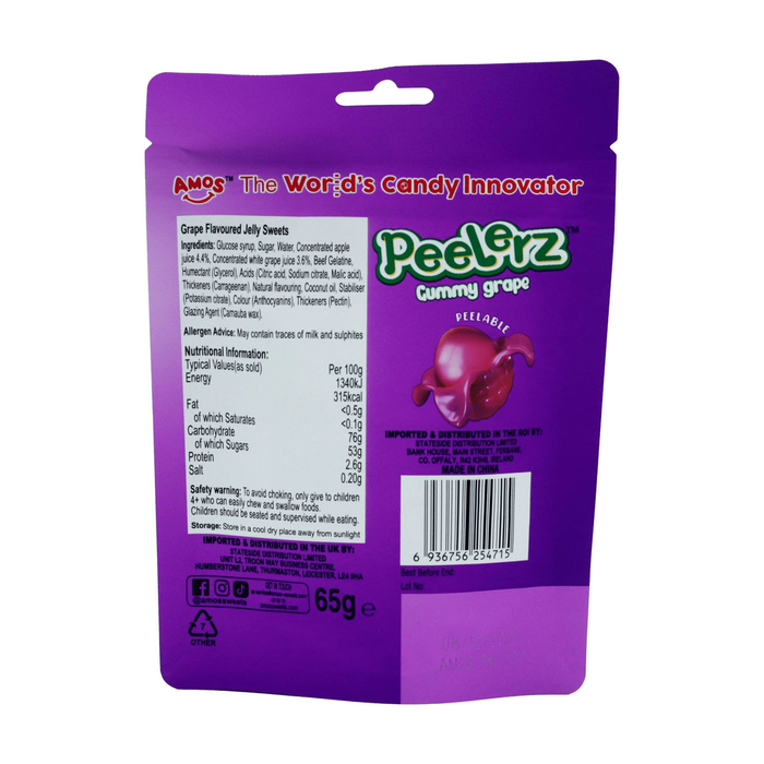 Amos Peelerz Gummy Grape Peelable Candy Pouch (12 x 65g)