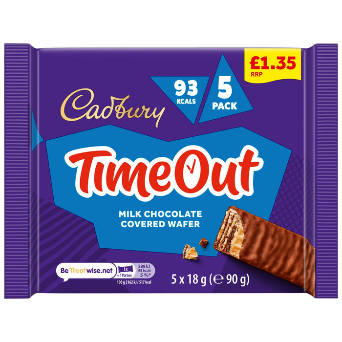 Cadbury Timeout Milk Chocolate Covered Wafer Bar, 5 Pack (13 x 90g)