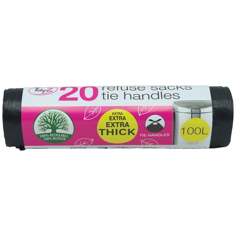 Tidyz Heavy-Duty Black Bin Bags Refuse Sacks Tie Handles, 100L - 20 Pack