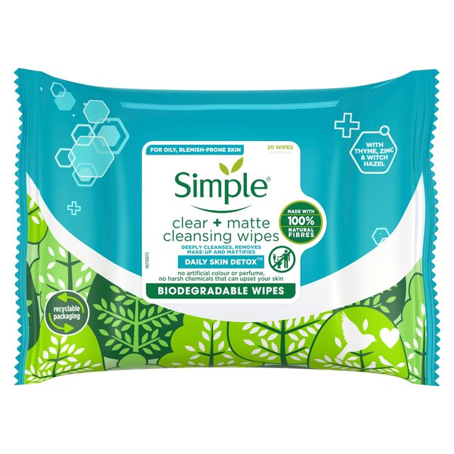 Simple Daily Clear & Matte Cleansing Face Wipes 25'S