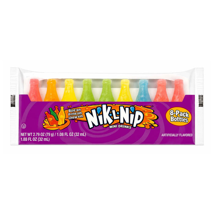 Nik-L-Nip Mini Drinks Fruity Liquid Candy Inside Wax Bottle, 8 Pack