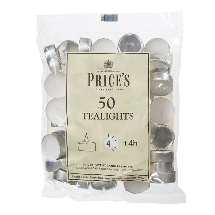 Prices Patent Candles White Tealights Bag,  Wax Unscented Pack of 50