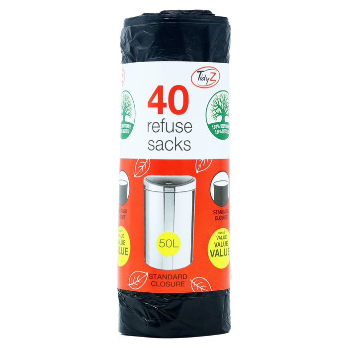 Tidyz Extra Strong 40 Black Refuse Sacks, 50L