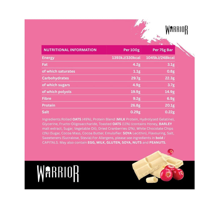 12x Warrior Raw Protein Bars Oat Bar Flapjacks,White Chocolate Cranberry 75g