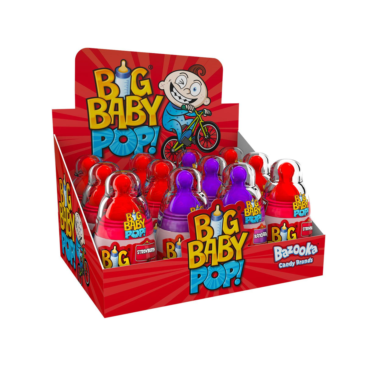 Bazooka Big Baby Pop Strawberry & Blackcurrant, 32g (Box of 12