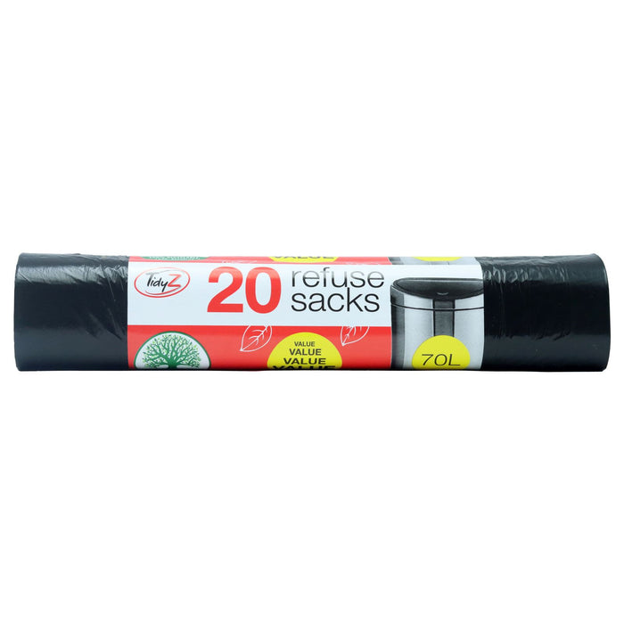 Tidyz Extra Strong Heavy Duty 20 Black Refuse Sacks, 70L
