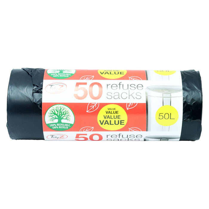 Tidyz Extra Strong Heavy Duty 50 Black Refuse Sacks, 50L
