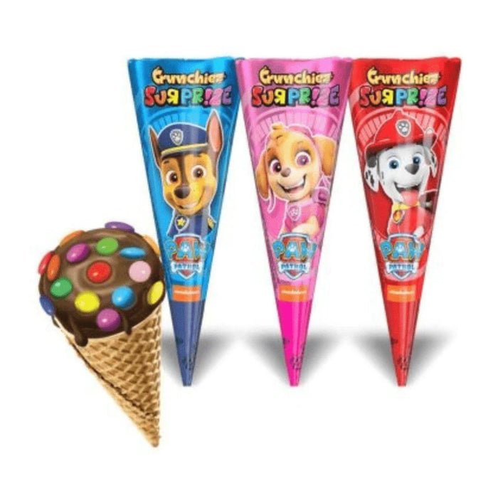 Crunchiez Surprise Paw Patrol Ice Cream Cone with Hazelnut Chocolate Filling and a Surprise, Tray 25g (Box of 12)