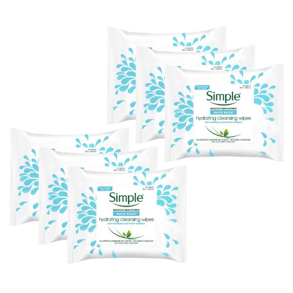 Simple Water Boost Hydrating, Cleansing Face Wipes (6 x 25s)
