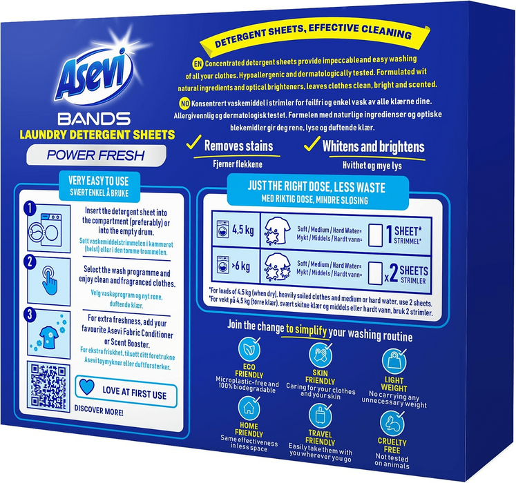 Asevi Bands Laundry Detergent Sheets Power Fresh, 30 Washes