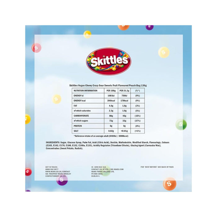 Skittles Crazy Sours Sweets Pouch Bag 136g (Box of 15)