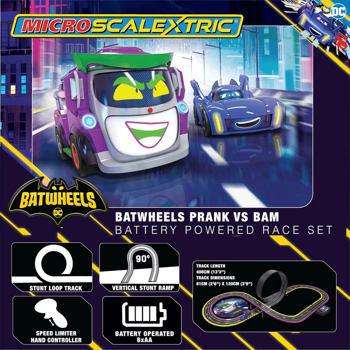 Micro Scalextric G1186M Batwheels Bam vs Prank Battery Powered Race Set - Slot Car Racing For Kids