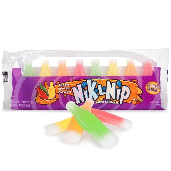 Nik-L-Nip Mini Drinks Fruity Liquid Candy Inside Wax Bottle, 8 Pack