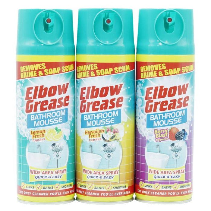Elbow Grease Lemon Zest, Hawaiian Fresh & Berry Blast Bathroom Mousse Spray Mixed (3 x 400ml)