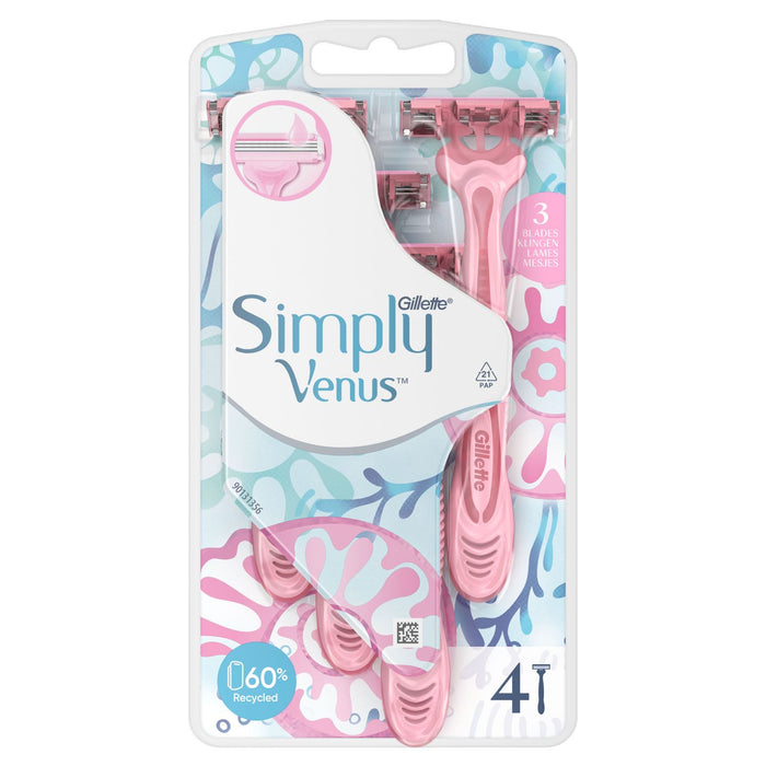 Gillette Simply Venus 3 Disposable Razors with 3 Blades, Razors for Women with Moisture Strip, Smooth Pack of 4 Razors