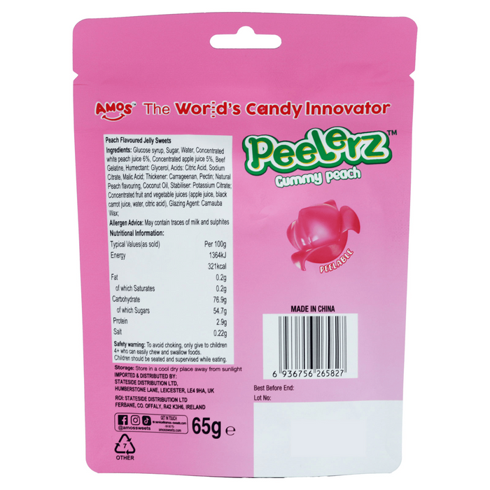 Amos Peelerz Gummy Peach Peelable Candy (12 x 65g)