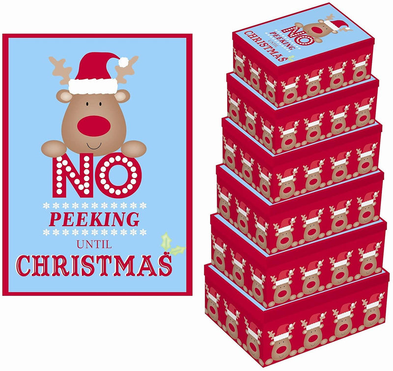 6PC Oblong GIFT BOXES - No Peeking Until Christmas XMAS