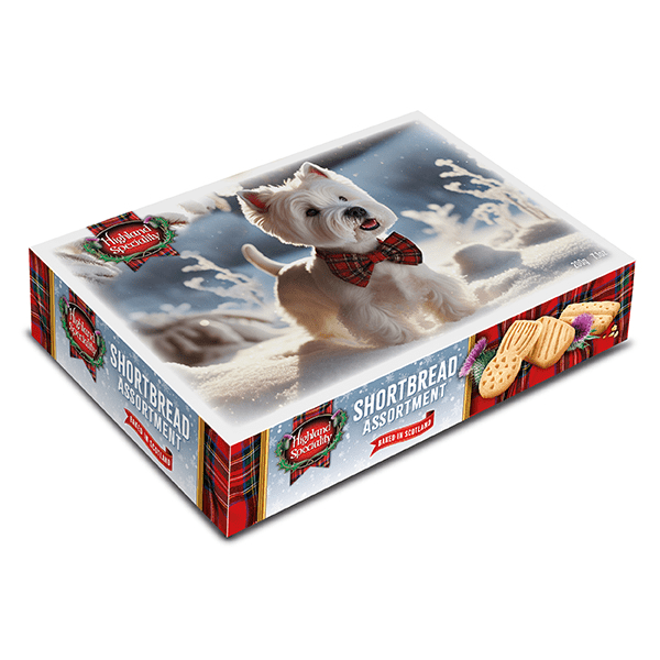 Highland Specialty Christmas Scottish Shortbread Assortment Westie Bow Tie In Snow (24 x 200g)