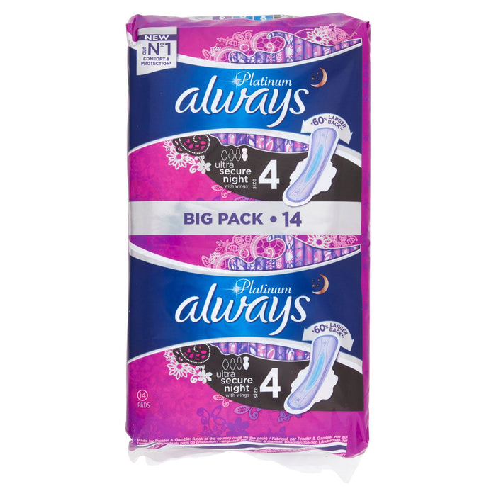 Always Platinum Pads Ultra Secure Night With Wings Size 4, 14s