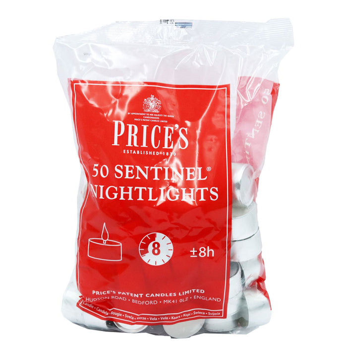 Price's - Sentinel Nightlights -  Long Life Tea Lights - 8 Hour Burn Time - Quality White Wax Bag of 50