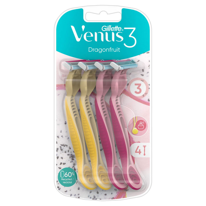 Gillette Venus 3 Dragonfruit Disposable Razors for Women, 4 Pack