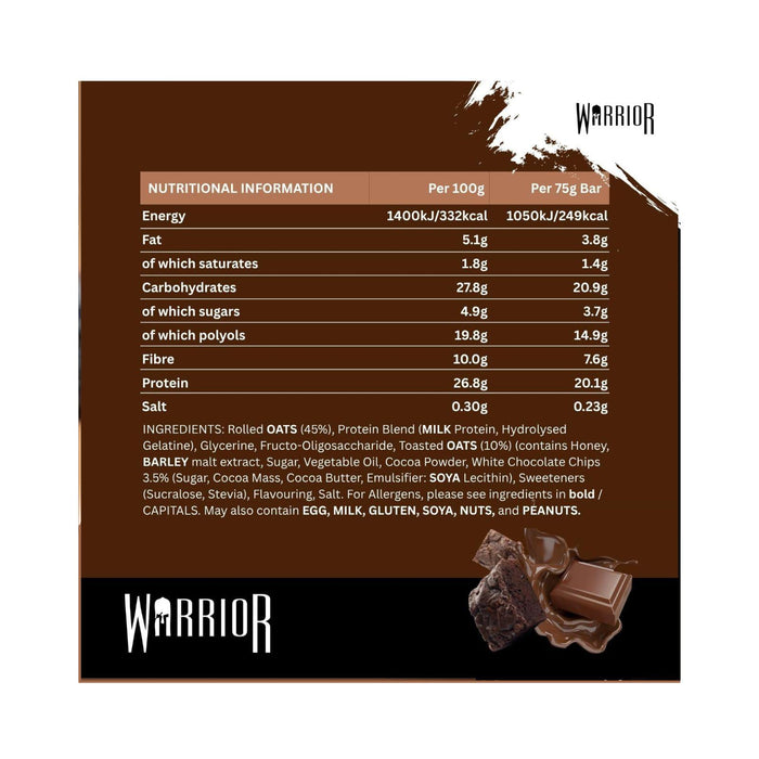 12x Warrior Raw Protein Bars -Oat Bar Flapjacks Chocolate Brownie 75g