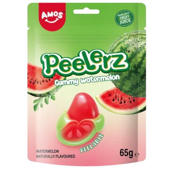 AMOS Peelerz Peelable Watermelon Gummy Candy, Soft Chewy Snack (12 x 65g)