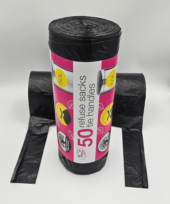 Tidyz Heavy-Duty Black Bin Bags Extra Strong Refuse Sacks with Tie Handles 50 Pack - 50L