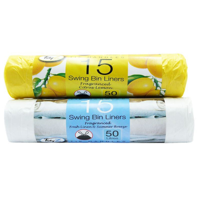 Tidyz Swing Bin Liners Fragranced Citrus Lemon & Summer Breeze, Tie Handles 15s - 50L