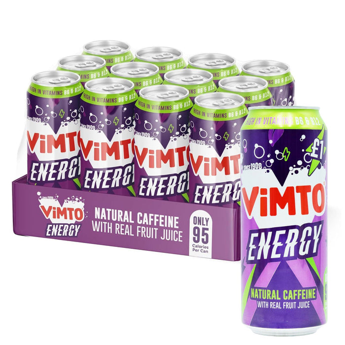 Vimto Original Real Fruit Energy Drink + Natural Caffeine + B Vitamins, Prime Energy Juice Drink Big Can 500ml (Box of 12)