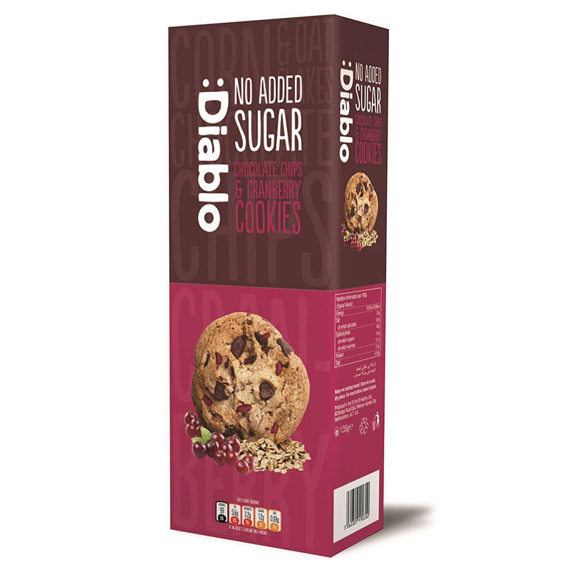 Diablo No Added Sugar Chocolate Chips & Cranberry Cookies 135g (Box of 12) - myShop.co.uk