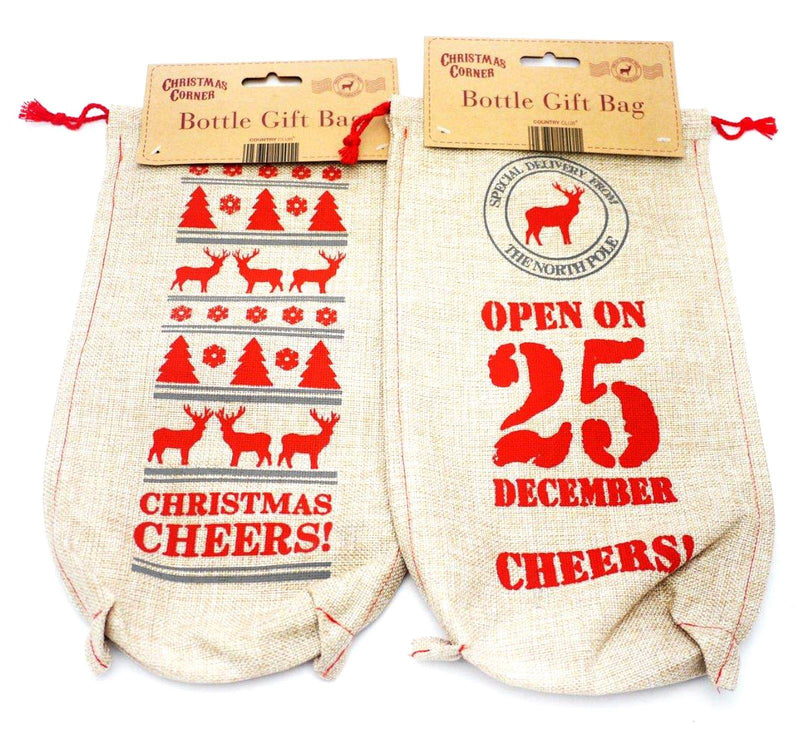 Christmas Bottle Gift Bag Hessian 2 Pack