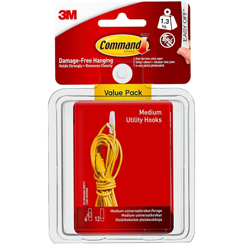 3M Command Medium Utility Damage-Free Hanging Hooks Value Pack of 6 - myShop.co.uk