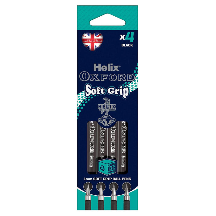 Helix Oxford Soft Grip Ballpoint Pens, Black - 4 Pack
